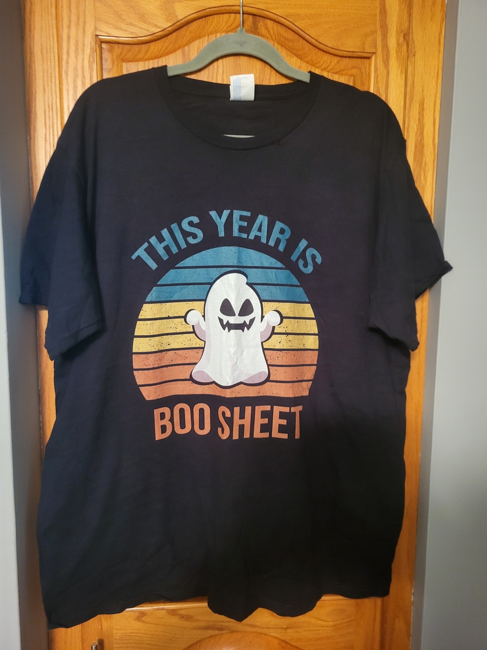 Port and Company Black Halloween Ghost Graphic Tee with Retro Stripes